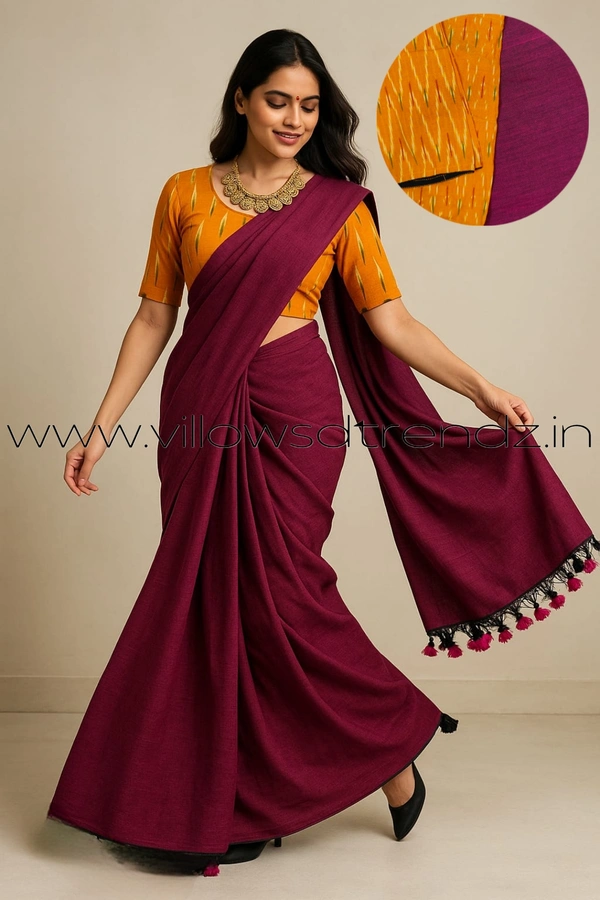 Ruthvi Ethincs Plain Khadi With Blouse PK23021016 - Purple, Saree With Blouse