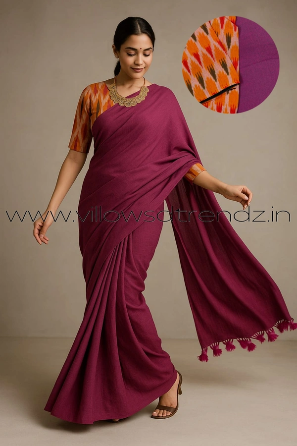 Ruthvi Ethincs Plain Khadi With Blouse PK23021017 - Purple, Saree With Blouse