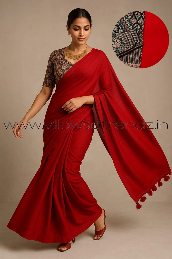 Ruthvi Ethincs Plain Khadi With Blouse PK23021019 - Red, Saree With Blouse