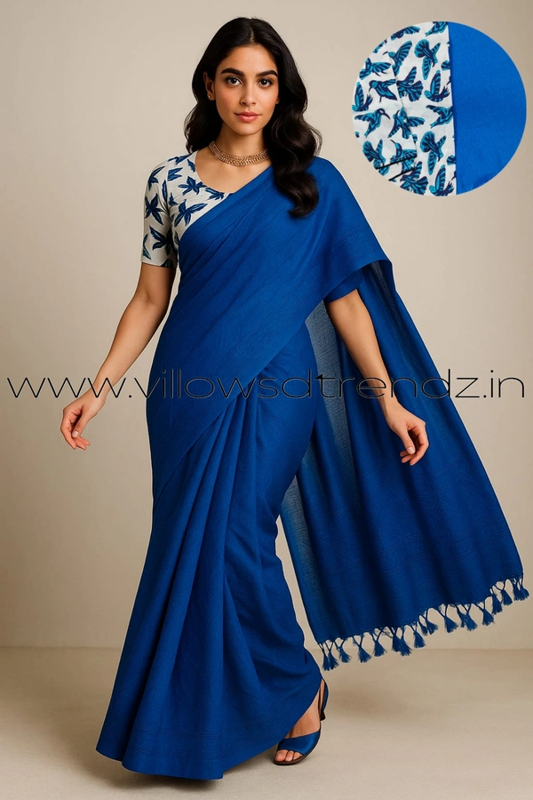 Ruthvi Ethincs Plain Khadi With Blouse PK23021020 - Sky Blue, Saree With Blouse