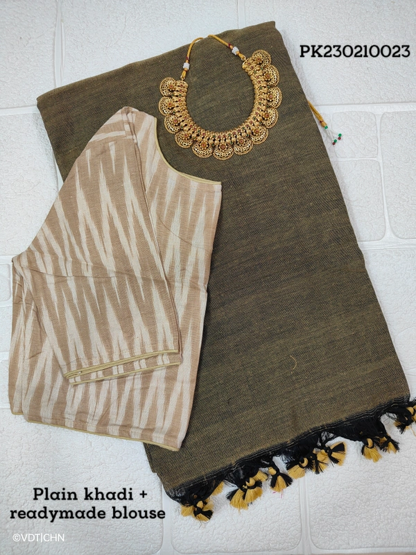 Ruthvi Ethincs Plain Khadi With Blouse PK23021023 - Grey, Saree With Blouse