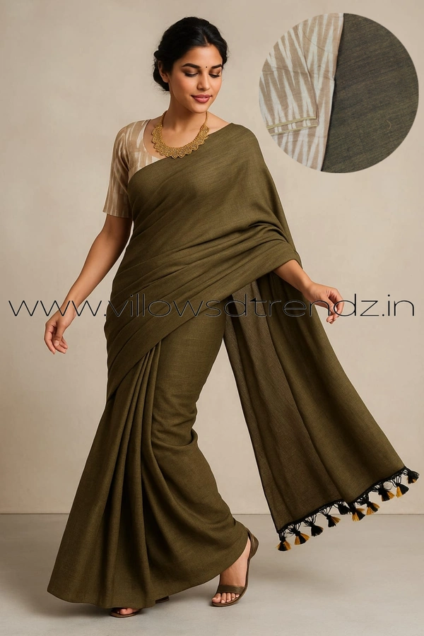 Ruthvi Ethincs Plain Khadi With Blouse PK23021023 - Grey, Saree With Blouse