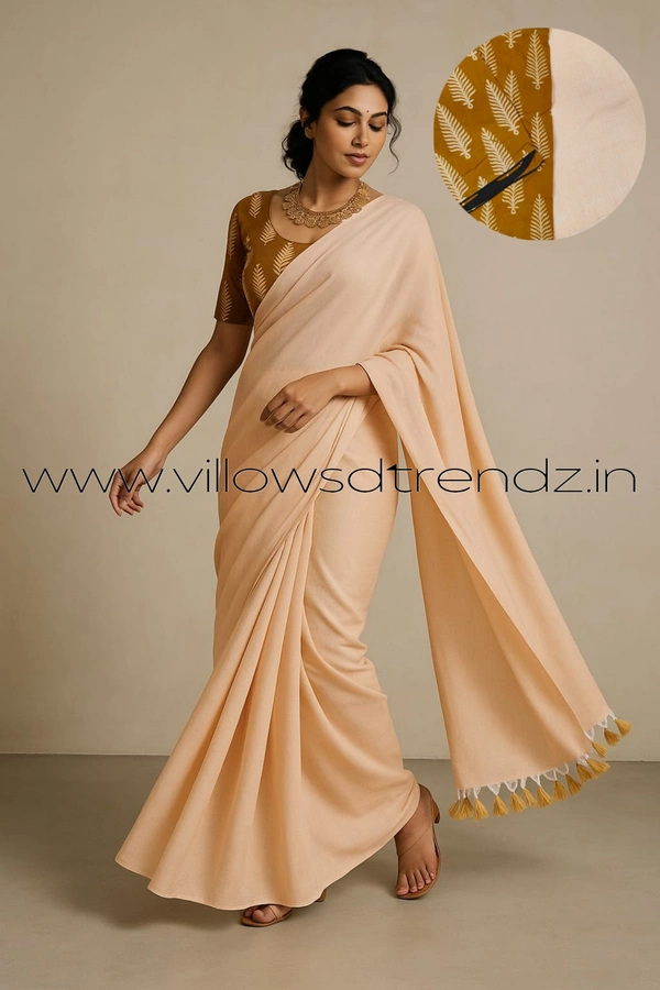 Ruthvi Ethincs Plain Khadi With Blouse PK23021025 - Half White, Saree With Blouse