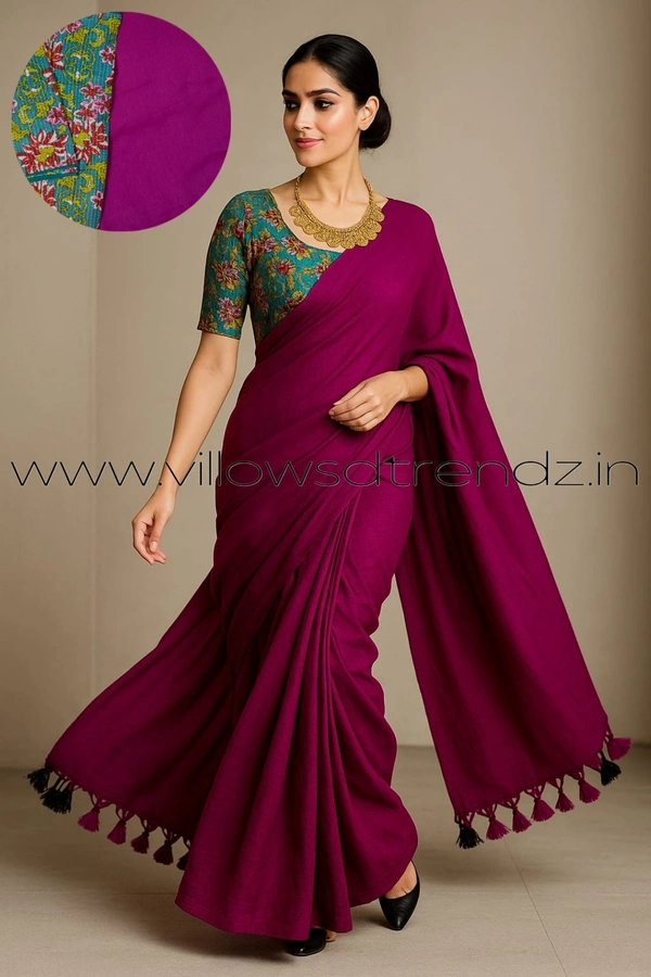 Ruthvi Ethincs Plain Khadi With Blouse PK23021027 - Purple, Saree With Blouse