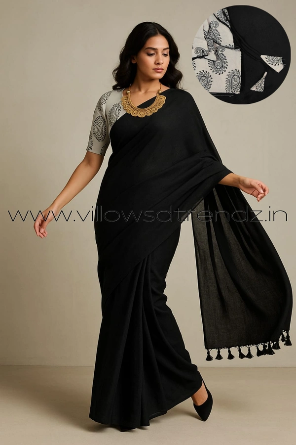 Ruthvi Ethincs Plain Khadi With Blouse PK23021029 - Black, Saree With Blouse