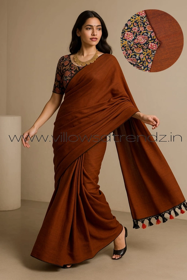 Ruthvi Ethincs Plain Khadi With Blouse PK23021030 - Brown, Saree With Blouse