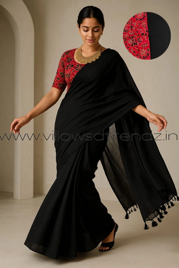 Ruthvi Ethincs Plain Khadi With Blouse PK23021031 - Black, Saree With Blouse