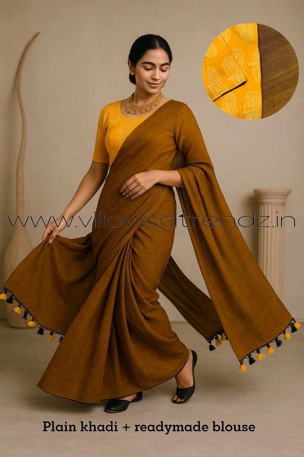 Ruthvi Ethincs Plain Khadi With Blouse PK23021032 - Half Brown, Saree With Blouse