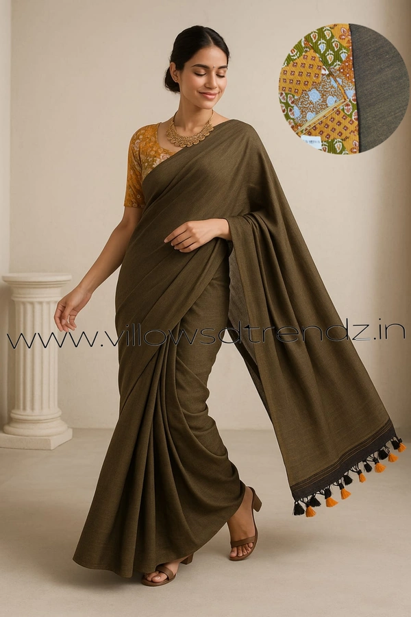 Ruthvi Ethincs Plain Khadi With Blouse PK23021034 - Ash, Saree With Blouse
