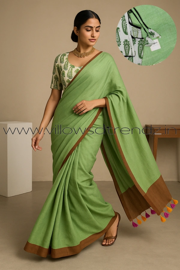 Ruthvi Ethincs Plain Khadi With Blouse PK23021035 - Peach Green, Saree With Blouse