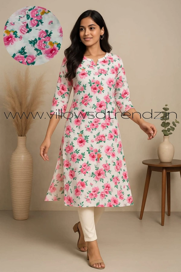 Twill Blue Plus Size Side Cut Liva Kurti LIPS1261 - White With Pink Florel, 2XL