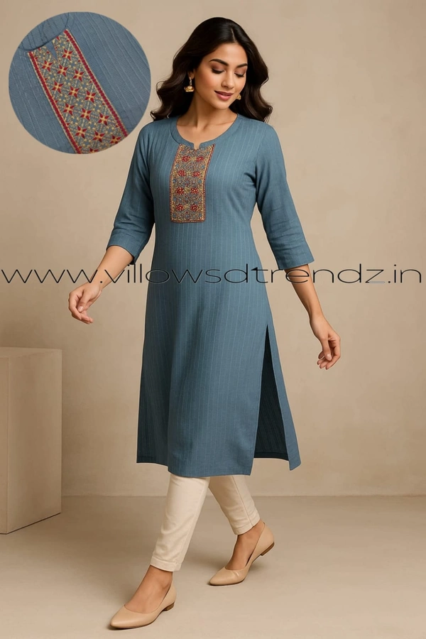 Twill Blue Popcorn Kurti POP210016 - Blue, L