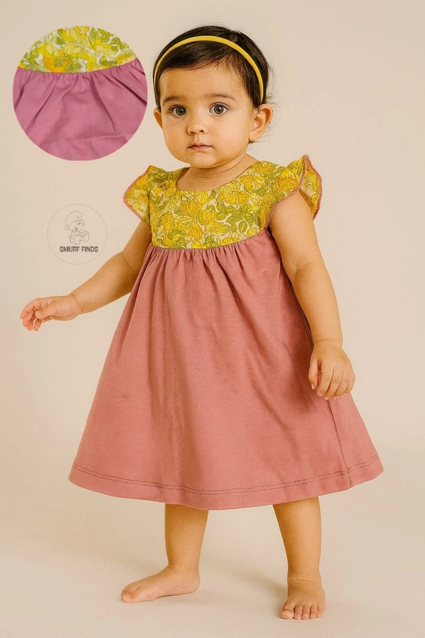 Smurf Finds Premium Cotton Printed Organic Cotton Frock for Girls| 100% Cotton| Pink | SMDF9304 - Pink, 6-12 Month