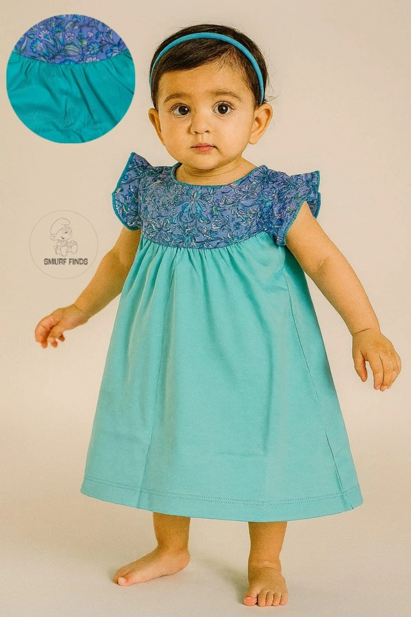 Smurf Finds Premium Cotton Printed Organic Cotton Frock for Girls| 100% Cotton|  Sky Blue | SMDF9303 - Sky Blue, 6-12 Month