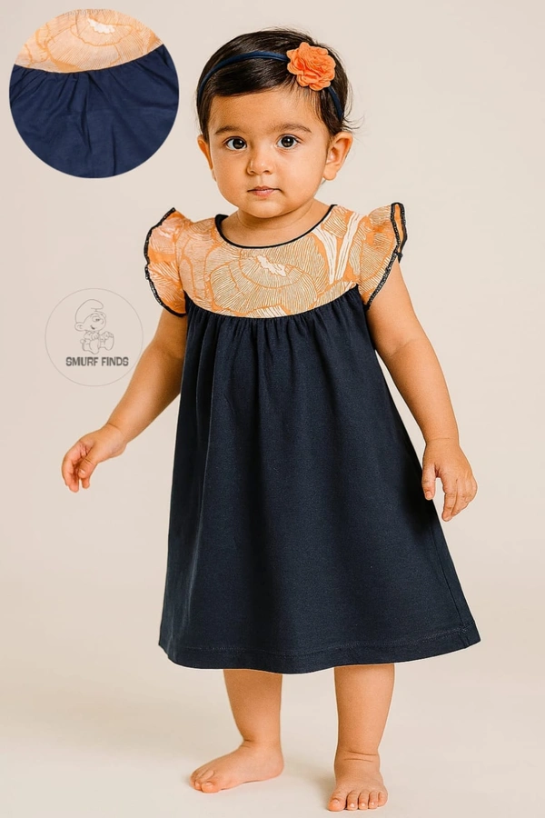 Smurf Finds Premium Cotton Printed Organic Cotton Frock for Girls| 100% Cotton| Ink Blue | SMDF9307 - Ink blue, 1-2 Yr