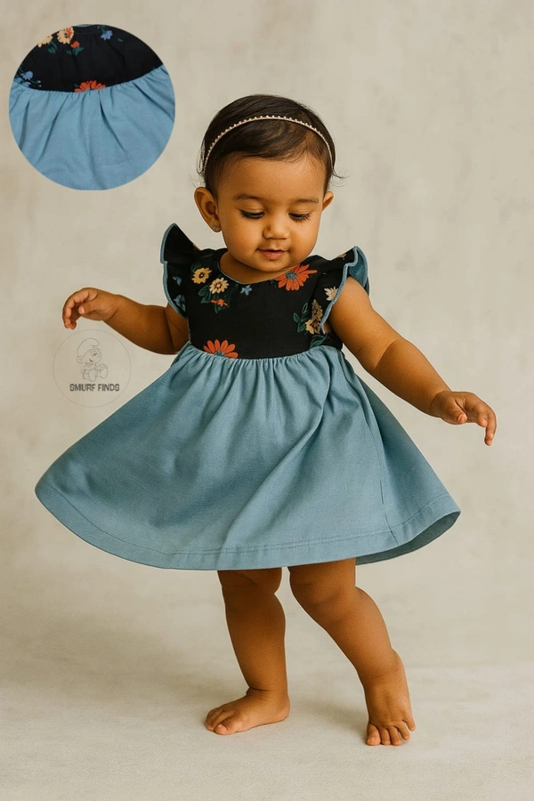 Smurf Finds Premium Cotton Printed Organic Cotton Frock for Girls| 100% Cotton| Sky Blue | SMDF93010 - Sky Blue, 6-12 Month