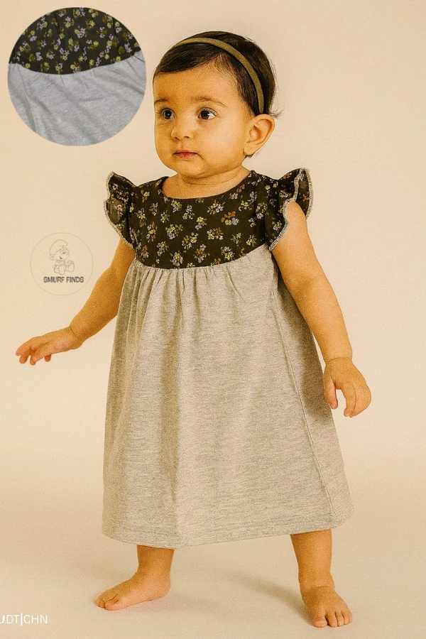 Smurf Finds Premium Cotton Printed Organic Cotton Frock for Girls| 100% Cotton|  Grey | SMDF93011 - Grey, 2-4 Yr