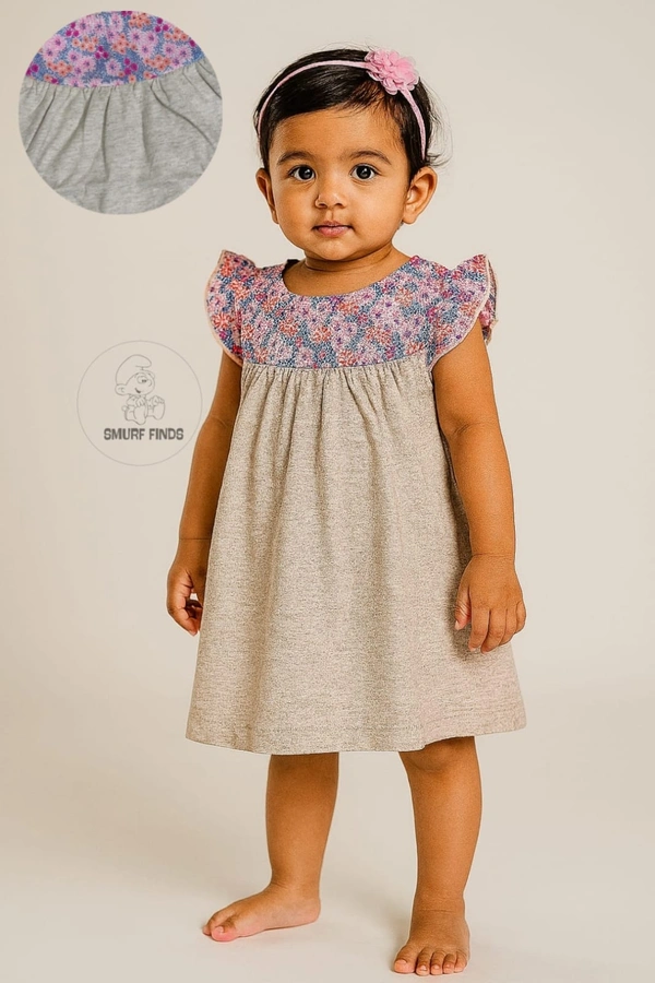Smurf Finds Premium Cotton Printed Organic Cotton Frock for Girls| 100% Cotton| Ash | SMDF9308 - Ash, 6-12 Month