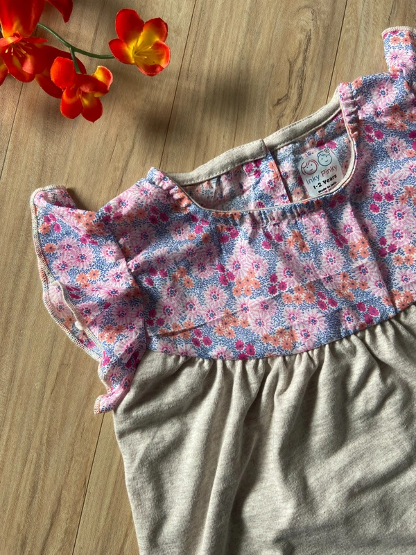 Smurf Finds Premium Cotton Printed Organic Cotton Frock for Girls| 100% Cotton| Ash | SMDF9308 - Ash, 6-12 Month