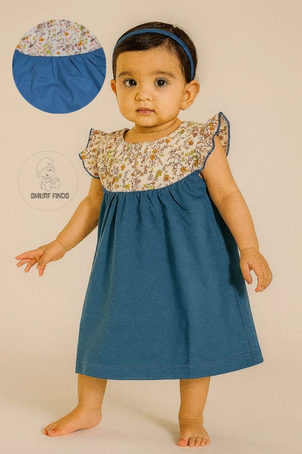 Smurf Finds Premium Cotton Printed Organic Cotton Frock for Girls| 100% Cotton|  Blue | SMDF9301 - Blue, 2-4 Yr