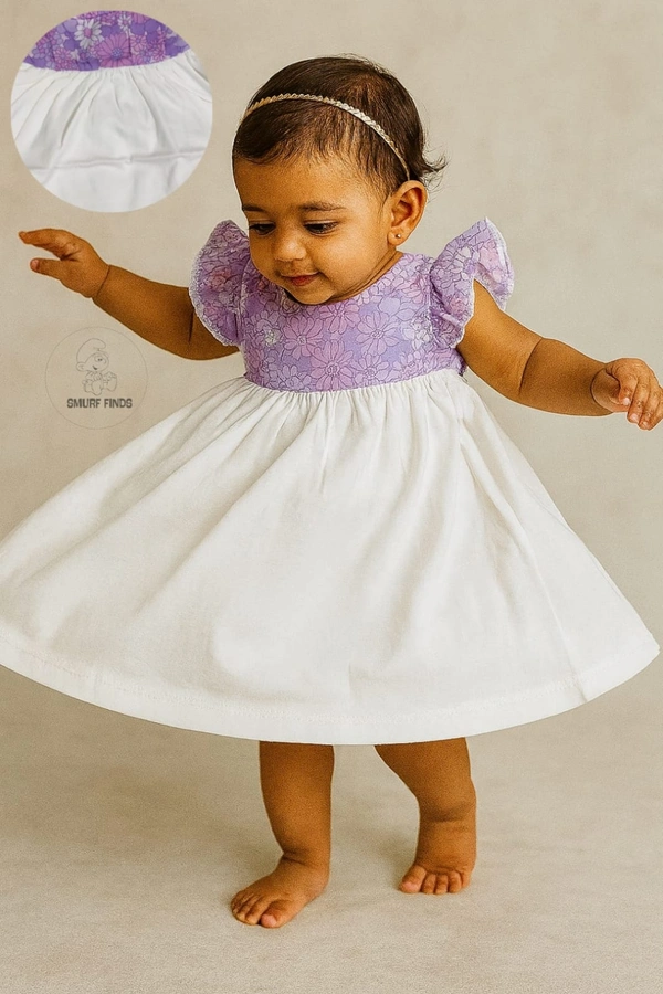 Smurf Finds Premium Cotton Printed Organic Cotton Frock for Girls| 100% Cotton|  White | SMDF9309 - White, 6-12 Month