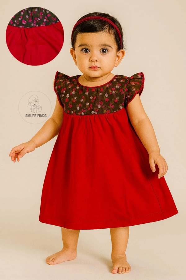 Smurf Finds Premium Cotton Printed Organic Cotton Frock for Girls| 100% Cotton|  Red | SMDF9305 - Red, 6-12 Month