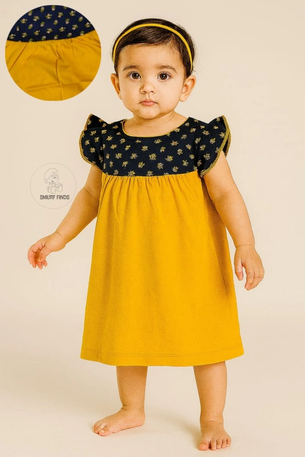 Smurf Finds Premium Cotton Printed Organic Cotton Frock for Girls| 100% Cotton|  Mustered Yellow | SMDF9306 - Mustered Yellow, 6-12 Month