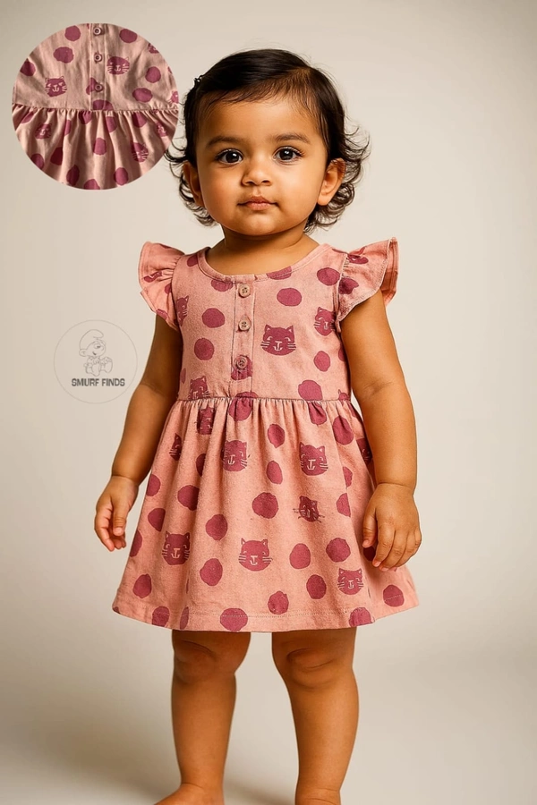 Smurf Finds Premium Cotton Printed Organic Cotton Frock for Girls| 100% Cotton| Front Openable Buttons| Baby Pink| SMFCKIY12301 - Baby Pink, 9-12 Month