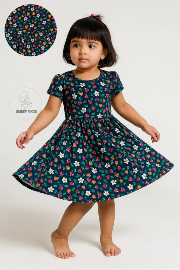 Smurf Finds Premium Cotton Printed Organic Cotton Frock for Girls| 100% Cotton| Blue |SMF11015 - 5-6 year, Blue