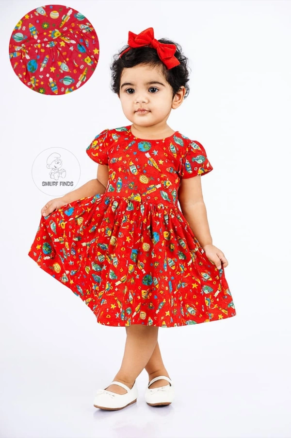 Smurf Finds Premium Cotton Printed Organic Cotton Frock for Girls| 100% Cotton| Red |SMF11017 - 5-6 year, Red