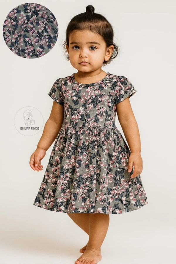 Smurf Finds Premium Cotton Printed Organic Cotton Frock for Girls| 100% Cotton| Ash |SMF11016 - 3-4 Year, Ash