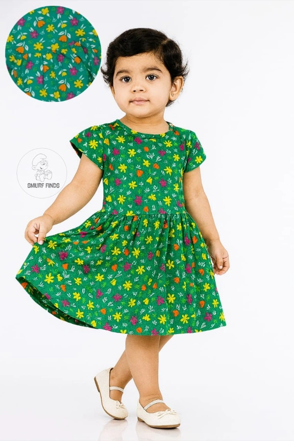 Smurf Finds Premium Cotton Printed Organic Cotton Frock for Girls| 100% Cotton| Green |SMF11022 - 5-6 year, Green