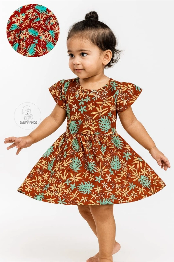 Smurf Finds Premium Cotton Printed Organic Cotton Frock for Girls| 100% Cotton| Maroon |SMF11013 - 5-6 year, Maroon
