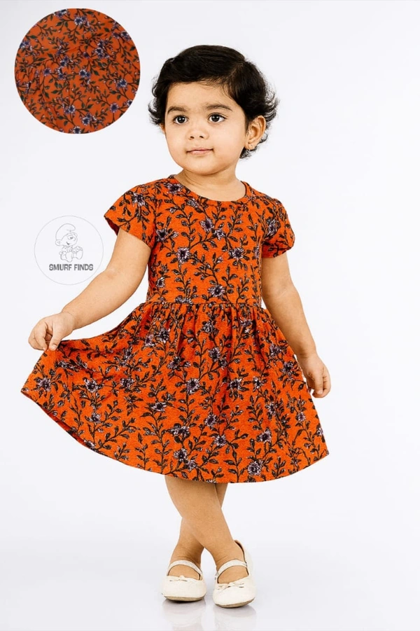 Smurf Finds Premium Cotton Printed Organic Cotton Frock for Girls| 100% Cotton| Orange |SMF11021 - 3-4 Year, Orange
