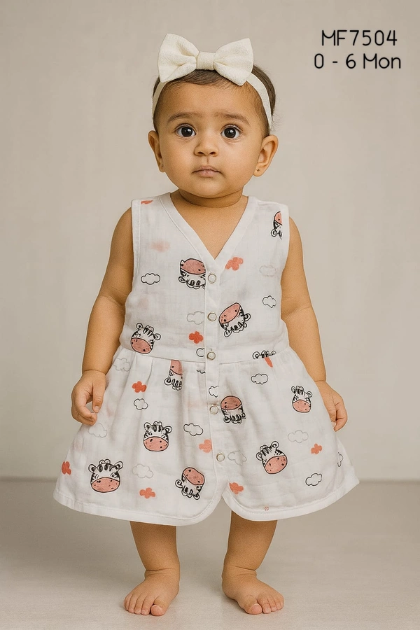 Smurf Finds Premium Cotton Printed Organic Cotton Frock for Girls| 100% Cotton| MF7504 - 0-6 Month, White