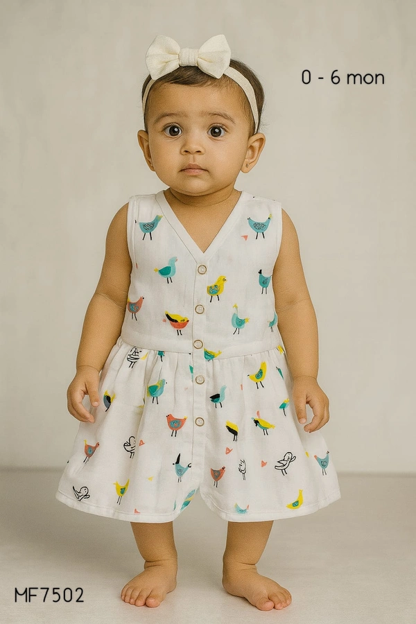 Smurf Finds Premium Cotton Printed Organic Cotton Frock for Girls| 100% Cotton| MF7502 - 0-6 Month, White