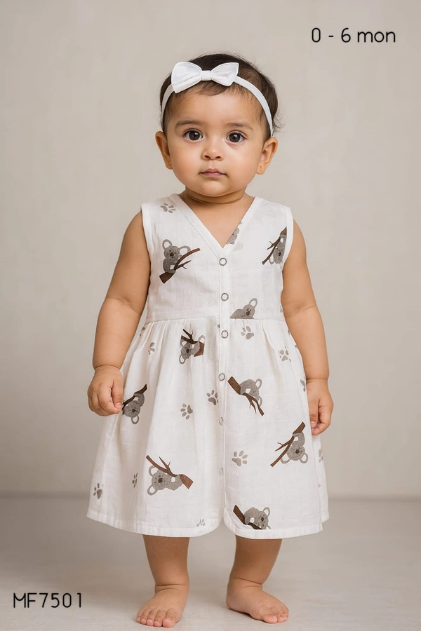 Smurf Finds Premium Cotton Printed Organic Cotton Frock for Girls| 100% Cotton| MF7501 - 0-6 Month, White
