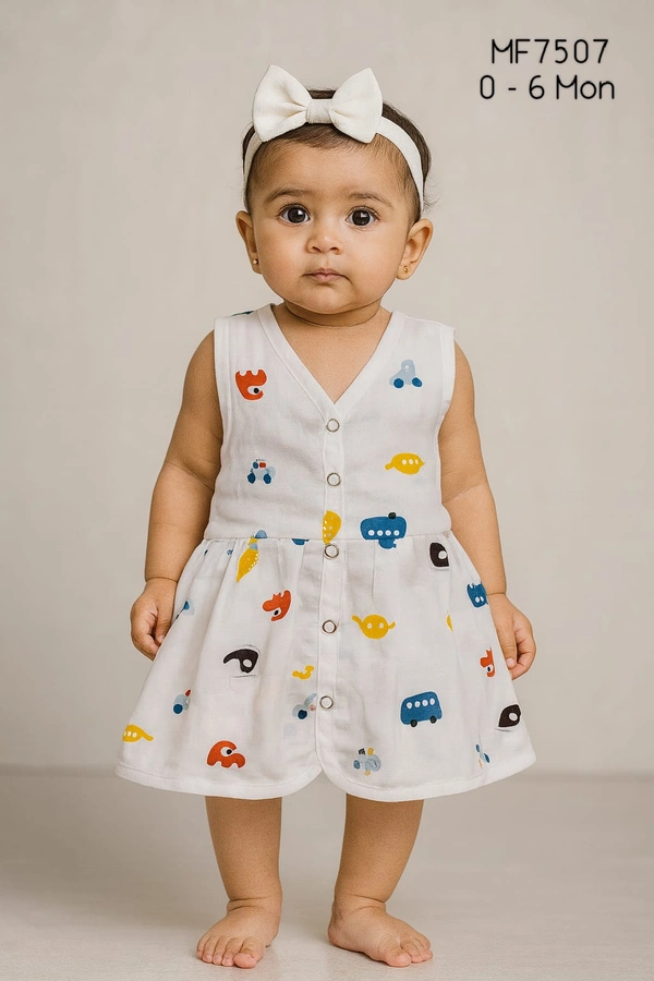 Smurf Finds Premium Cotton Printed Organic Cotton Frock for Girls| 100% Cotton| MF7507 - 0-6 Month, White
