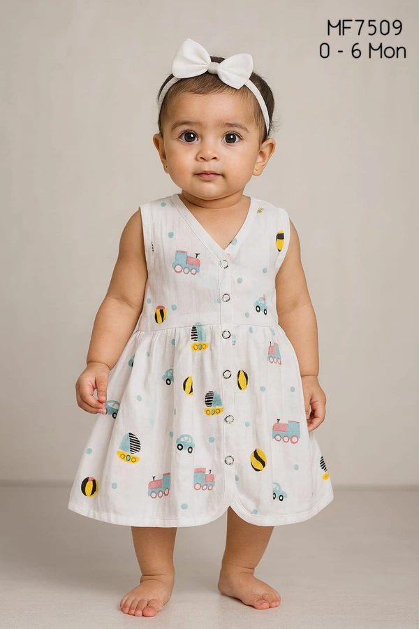Smurf Finds Premium Cotton Printed Organic Cotton Frock for Girls| 100% Cotton| MF7509 - 0-6 Month, White