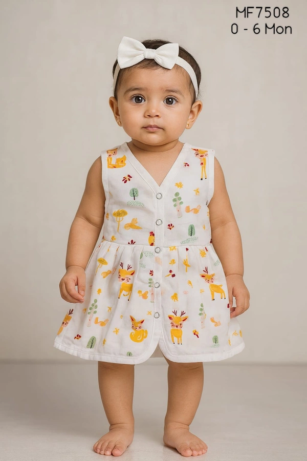 Smurf Finds Premium Cotton Printed Organic Cotton Frock for Girls| 100% Cotton| MF7508 - 0-6 Month, White