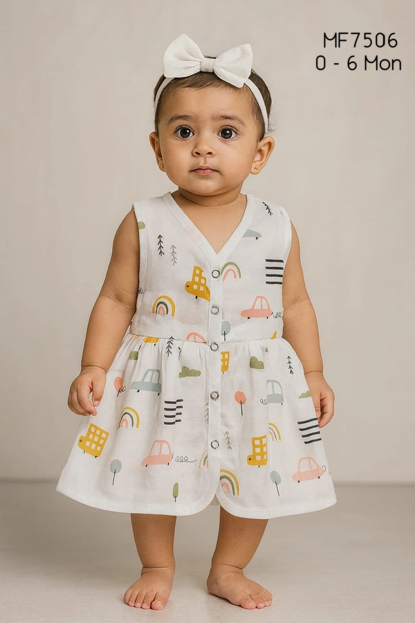 Smurf Finds Premium Cotton Printed Organic Cotton Frock for Girls| 100% Cotton| MF7506 - 0-6 Month, White