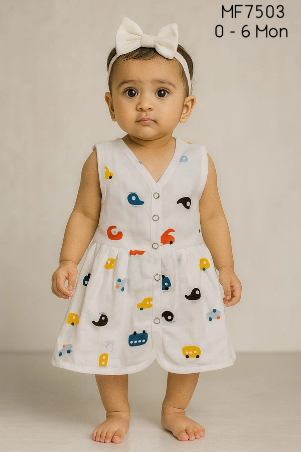 Smurf Finds Premium Cotton Printed Organic Cotton Frock for Girls| 100% Cotton| MF7503 - 0-6 Month, White
