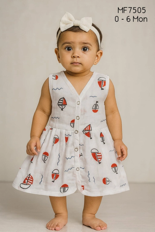 Smurf Finds Premium Cotton Printed Organic Cotton Frock for Girls| 100% Cotton| MF7505 - 0-6 Month, White
