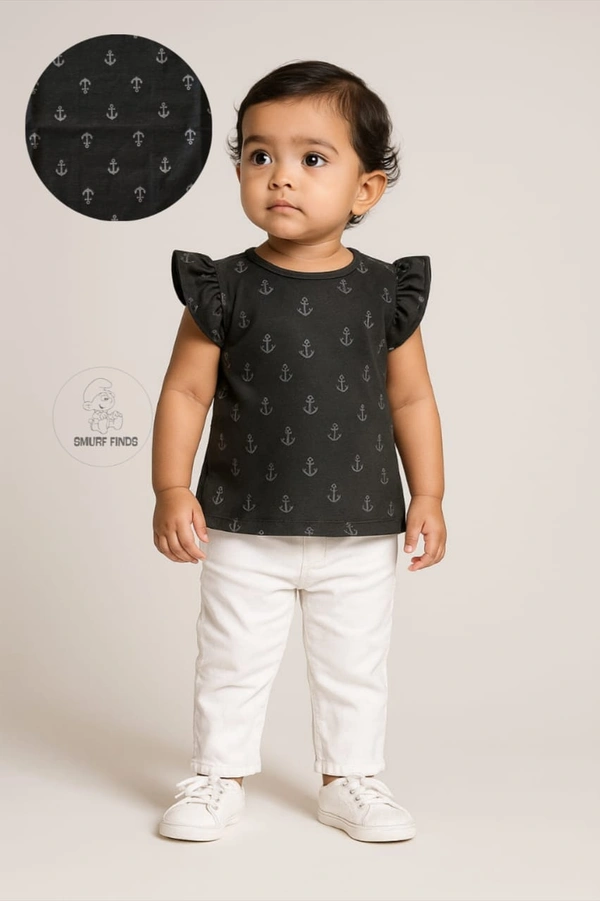 Smurf Finds Premium Cotton Printed Organic Cotton TShirt for Girls| 100% Cotton| Back Buttons| Black | SMTE7302 - 6-12 Month, Black