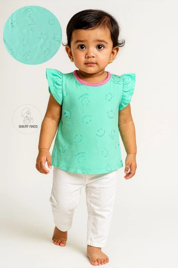 Smurf Finds Premium Cotton Printed Organic Cotton TShirt for Girls| 100% Cotton| Back Buttons|  Sky blue  | SMTE7309 - 2-4 Yr, Sky Blue