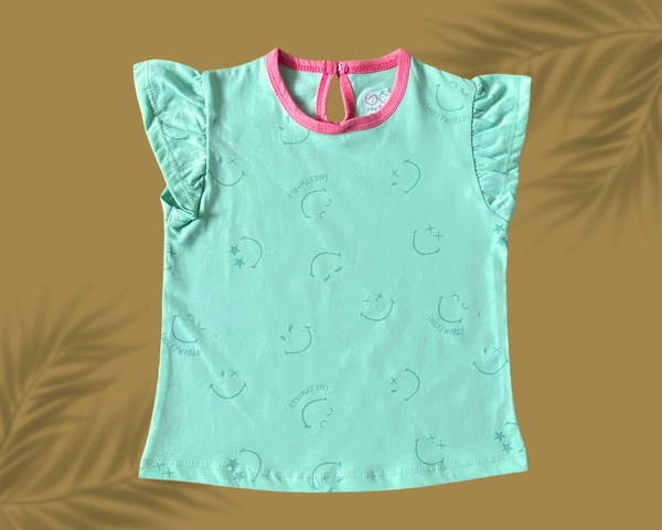 Smurf Finds Premium Cotton Printed Organic Cotton TShirt for Girls| 100% Cotton| Back Buttons|  Sky blue  | SMTE7309 - 2-4 Yr, Sky Blue