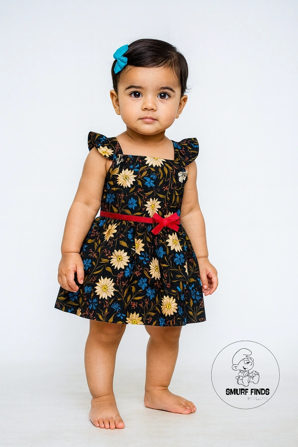 Smurf Finds Premium Woven Printed Organic Cotton Frock| 100% Cotton| Black| SMWF169002 - 18 mon, Black