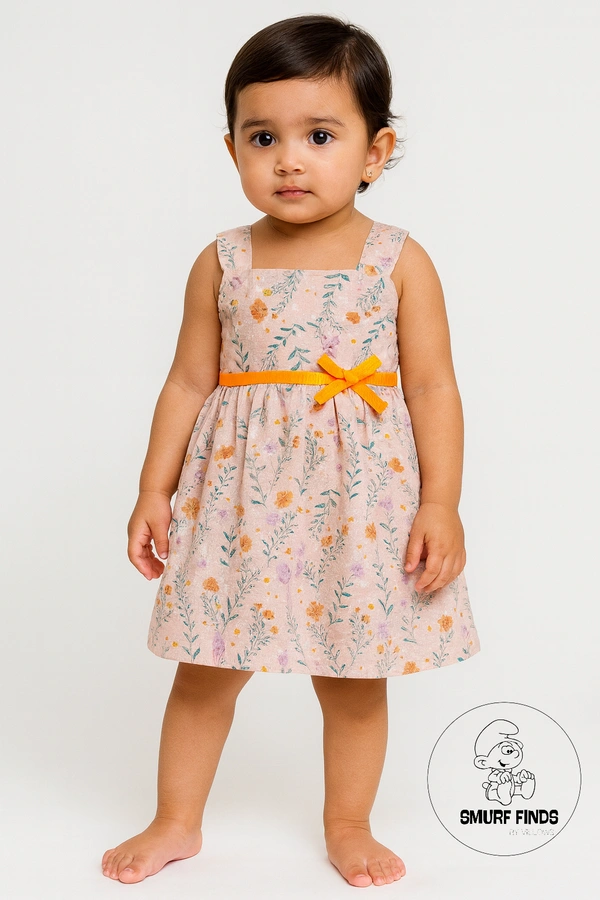 Smurf Finds Premium Woven Printed Organic Cotton Frock| 100% Cotton| Pink| SMWF169005 - 12 mon, Pink