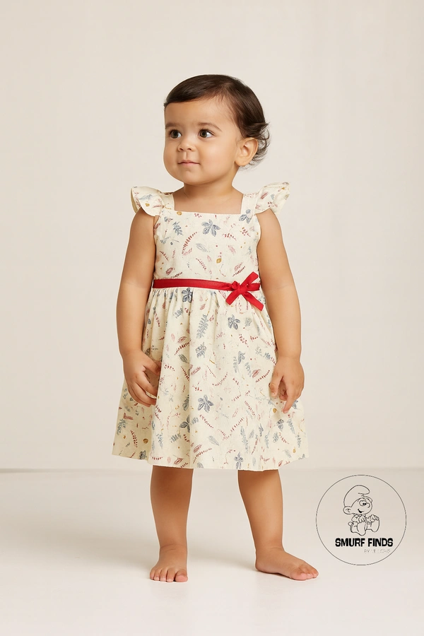 Smurf Finds Premium Woven Printed Organic Cotton Frock| 100% Cotton| Cream| SMWF169007 - 24 mon, Cream