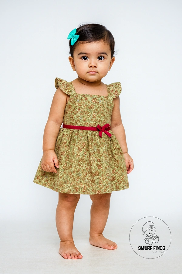 Smurf Finds Premium Woven Printed Organic Cotton Frock| 100% Cotton| Green| SMWF169001 - 24 mon, Green